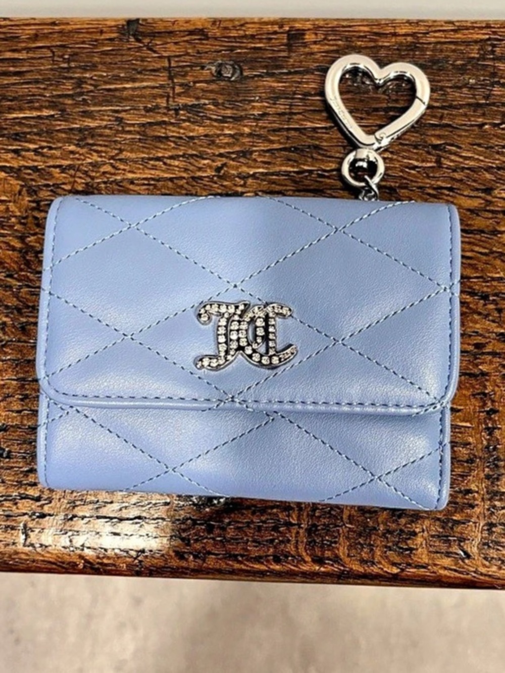 Juicy Couture Quilted Trifold Wallet & Detachable Keychain Set Light Blue